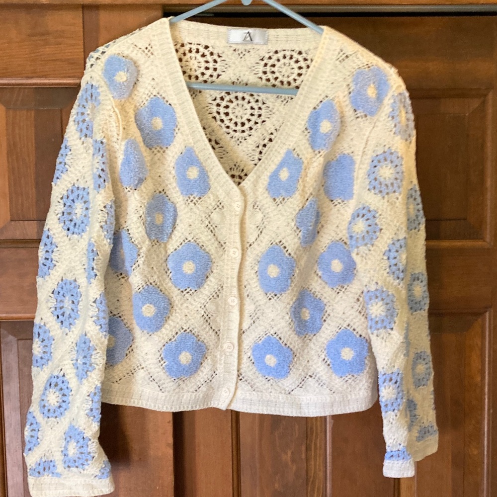 Chic Crochet Cardigan in Cream and Blue